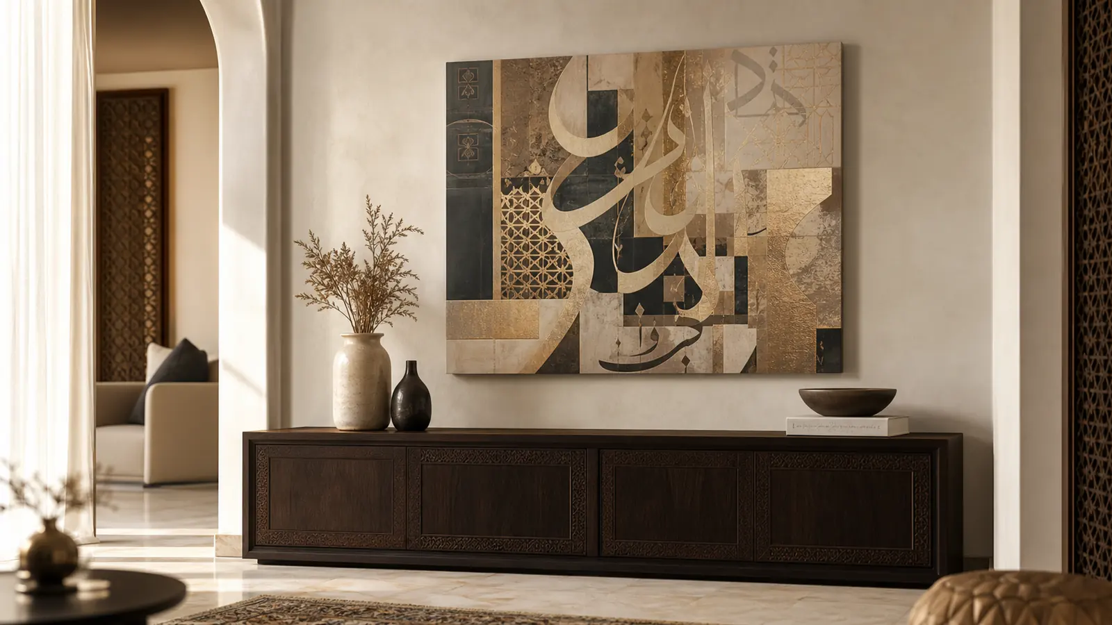 Custom cultural canvas artwork in luxury UAE interior