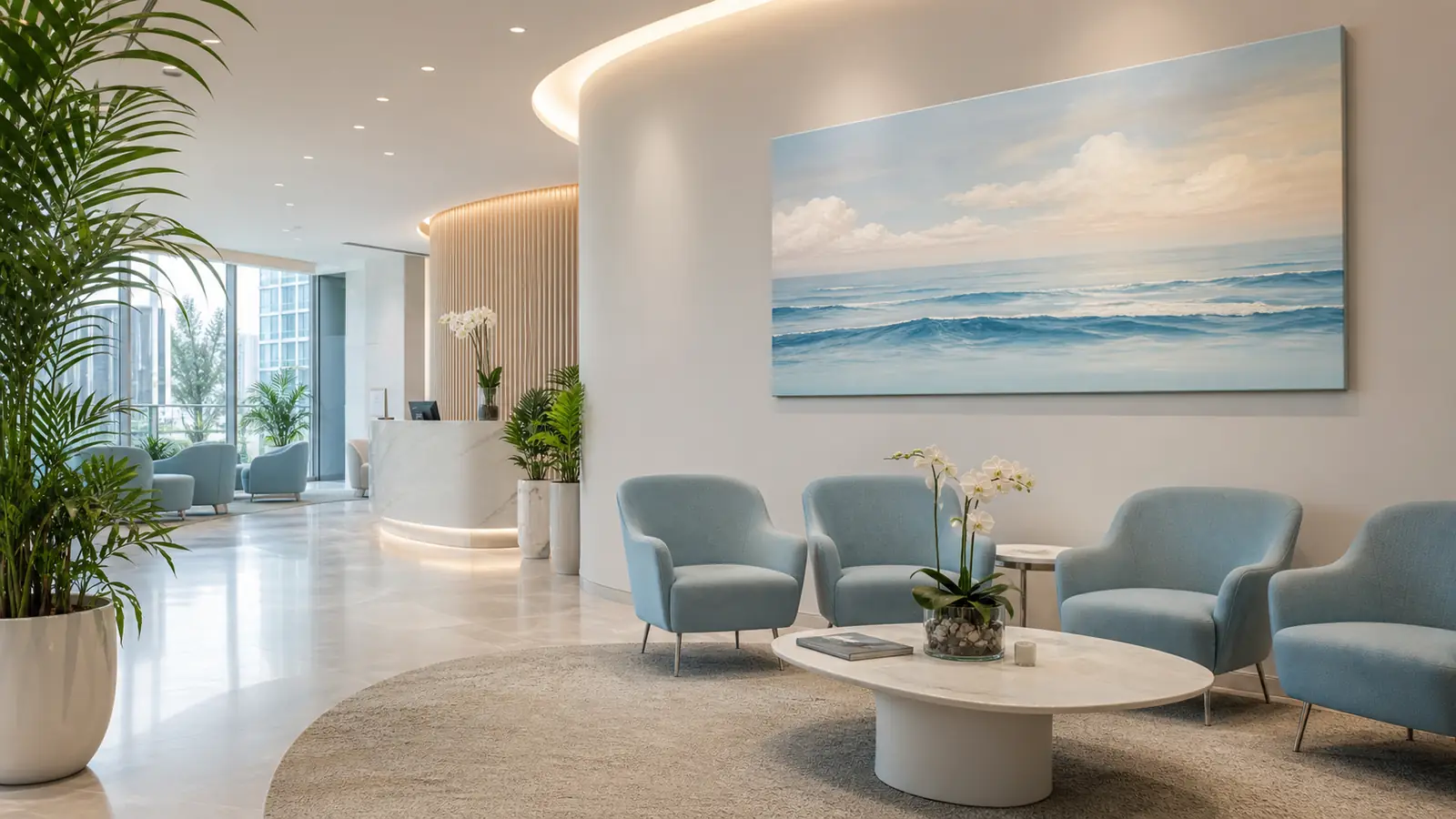 Premium healthcare clinic waiting area with calming canvas art