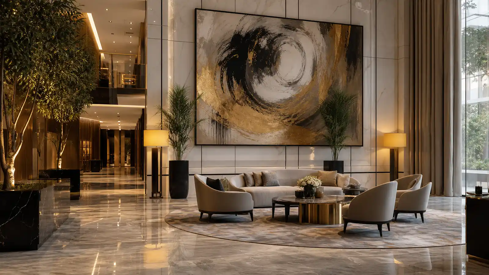 Five-star hotel lobby with oversized canvas artwork