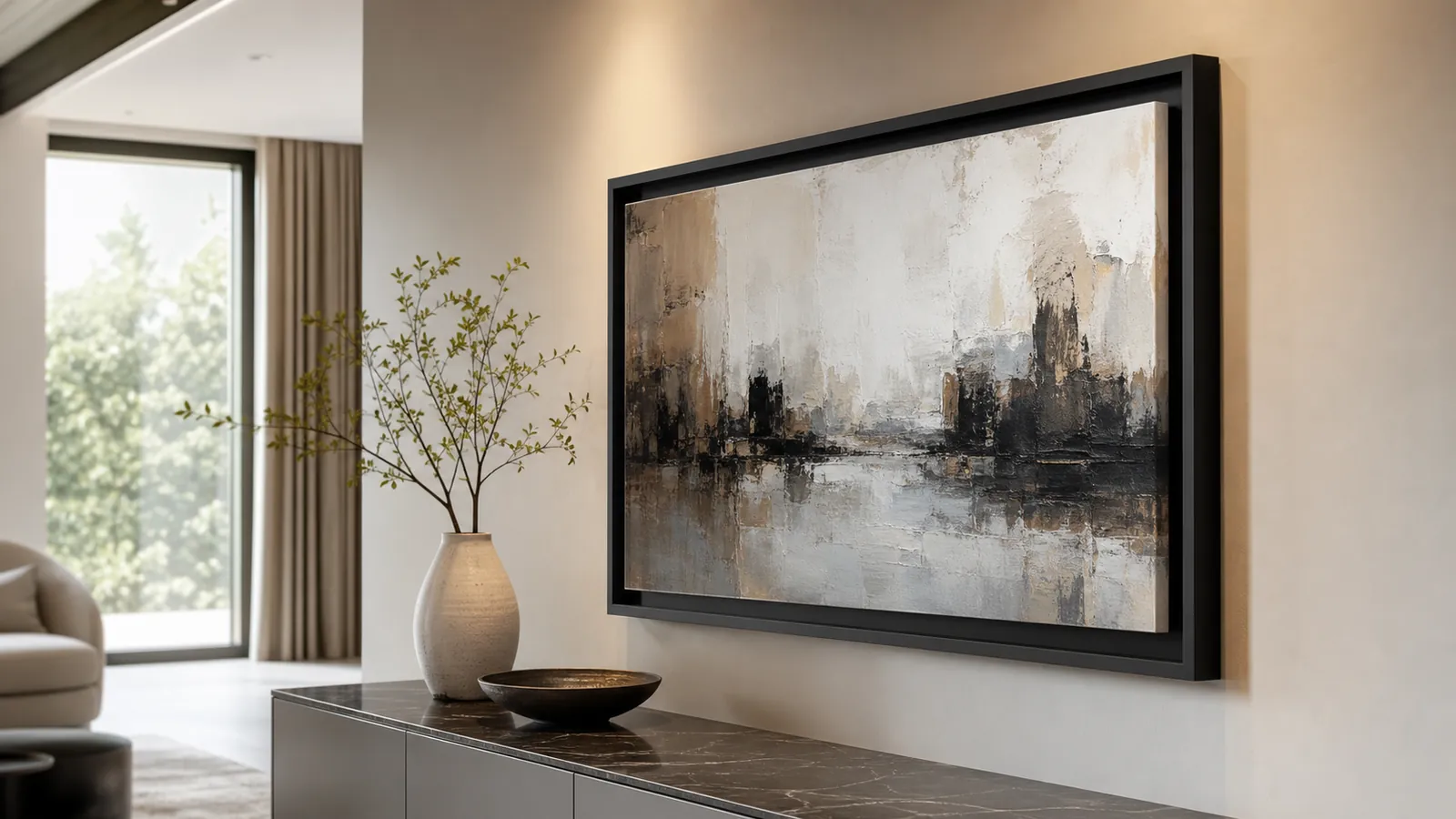 Framed canvas print with black floating frame in luxury interior